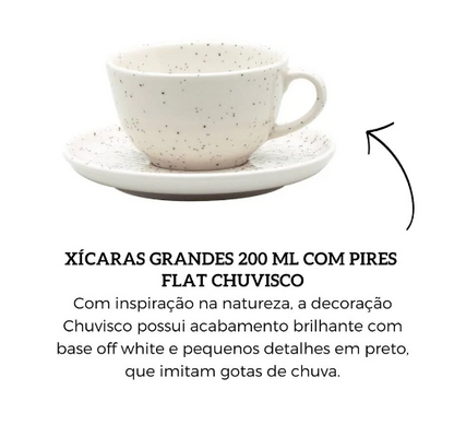 Conjunto 6 xícaras grandes com pires em Cerâmica Flat Chuvisco 200ml Oxford