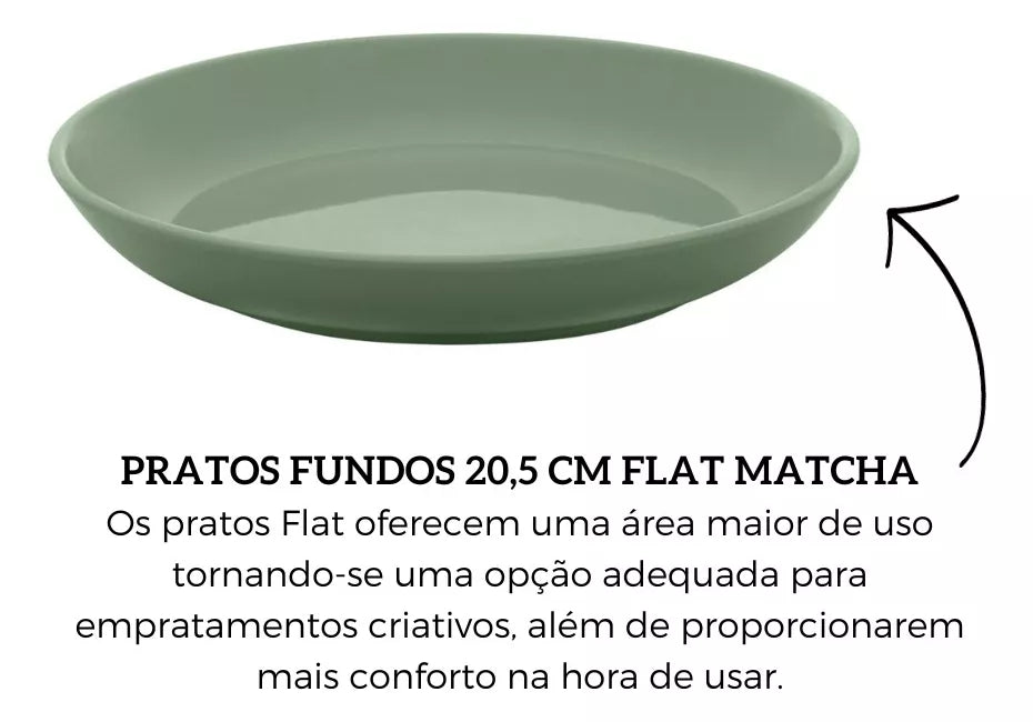 Conjunto de 6 Pratos Fundos em Cerâmica Flat Matcha - 20,5cm Oxford