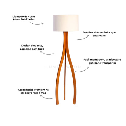 Luminária de Chão Ipanema com acabamento na cor Cedro e Cúpula em Algodão Neutro