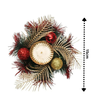 Castiçal Natalino Decorado Luxo com Bolas e Folhagens Dourado e Vermelho – 15cm