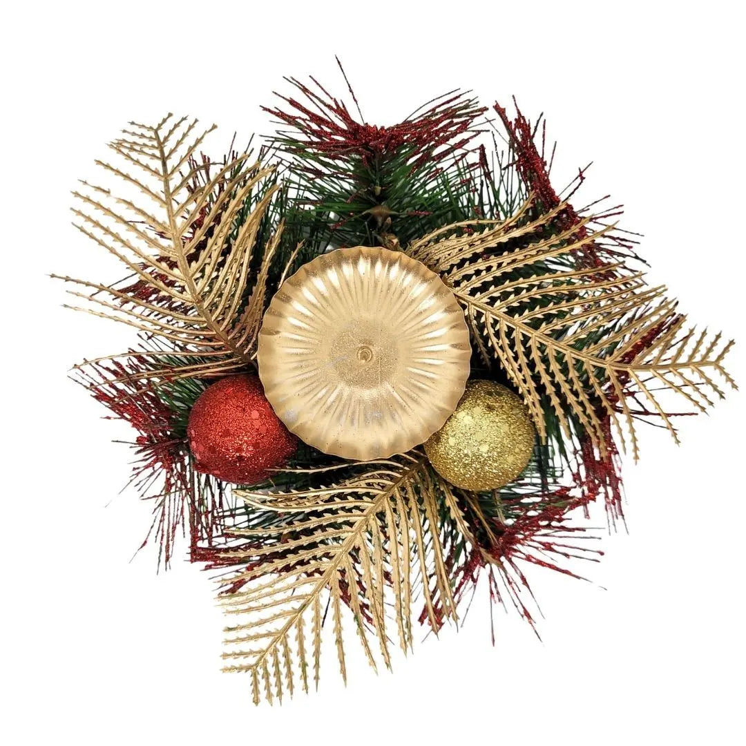 Castiçal Natalino Decorado Luxo com Bolas e Folhagens Dourado e Vermelho – 15cm