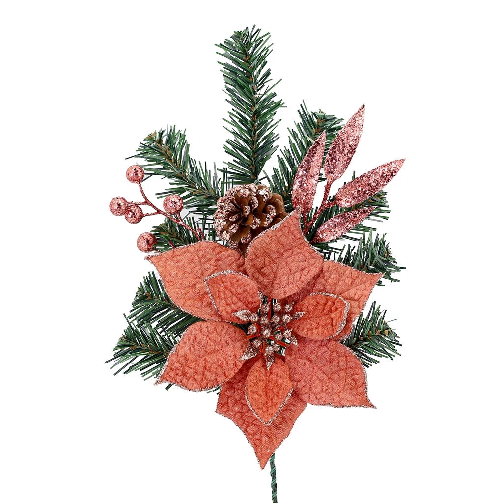 Galhos com haste de Natal com Flor e Glitter - 48cm