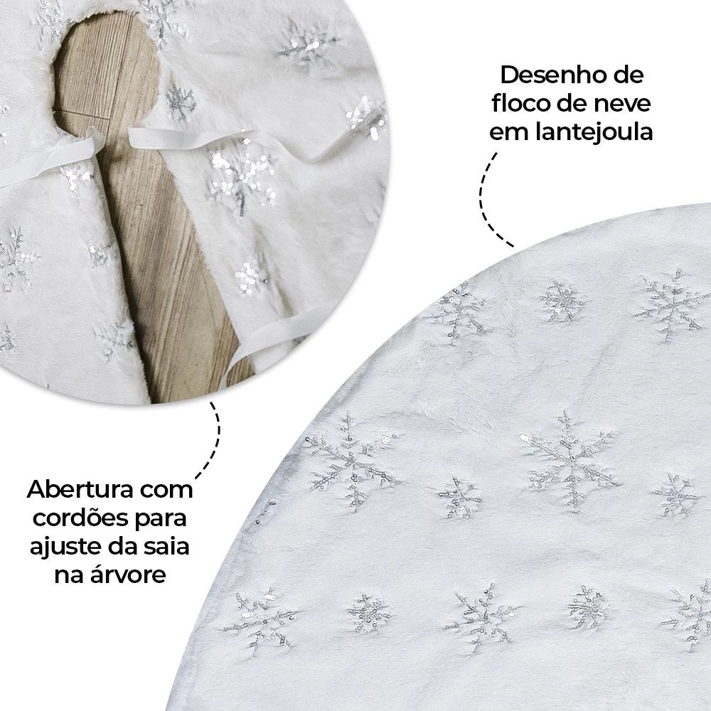 Saia para Árvore de Natal em Veludo com Flocos de Neve Brilhantes - 90cm