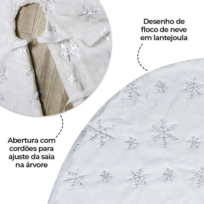 Saia para Árvore de Natal em Veludo com Flocos de Neve Brilhantes - 90cm