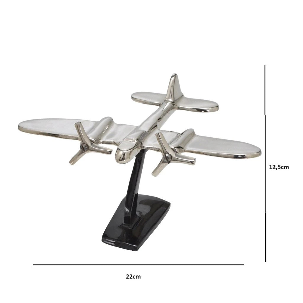 Escultura Decorativa Avião em Alumínio Prata e Preto