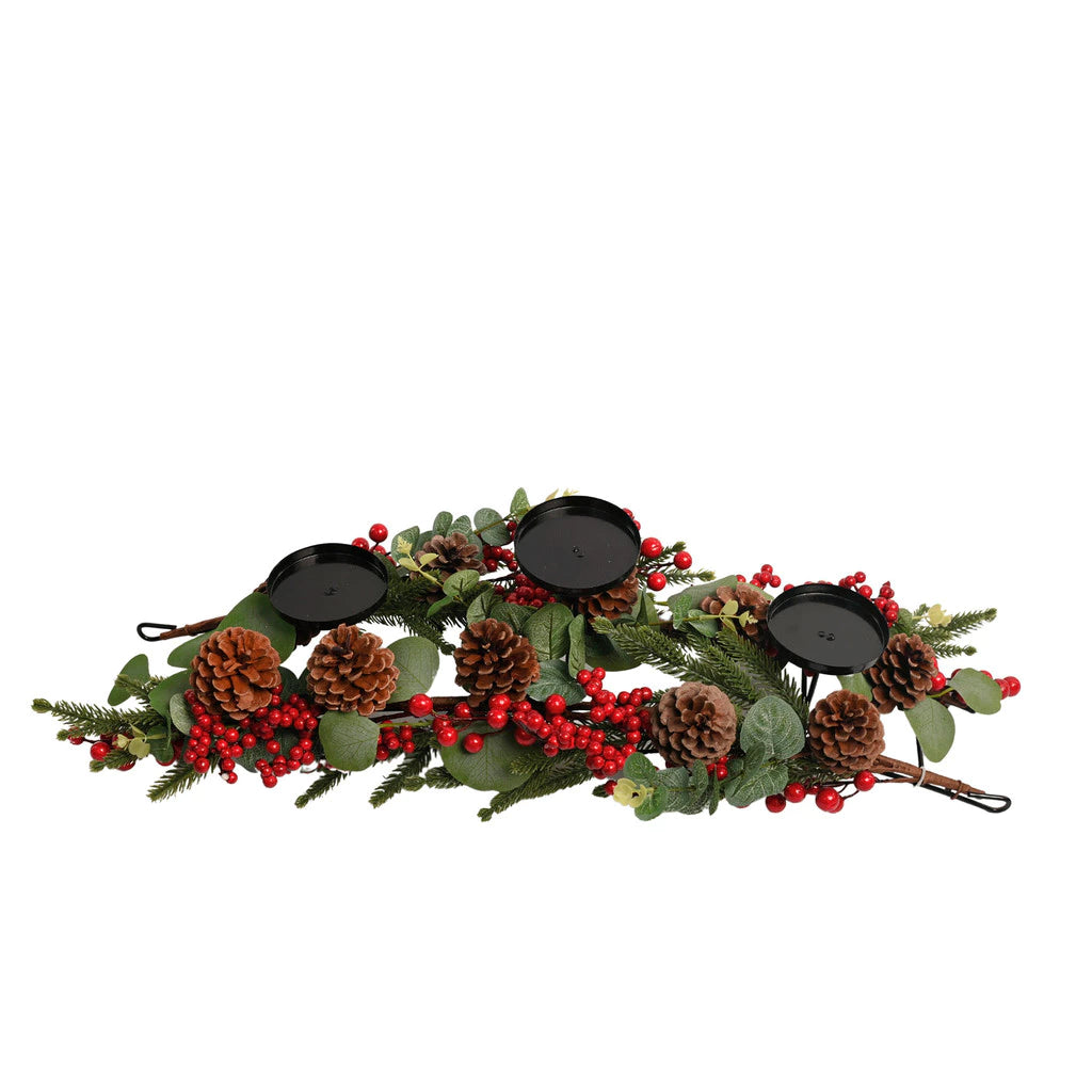 Arranjo Porta Velas com Folhagem e Berries Natalino Centro de Mesa - 60cm